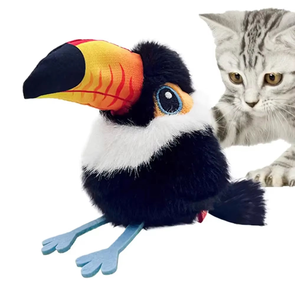 USB Rechargeable Interactive Flapping and Chirping Bird Cat Toy with Touch and Claw Activation, Soft Plush Material for Indoor Kitten Play
