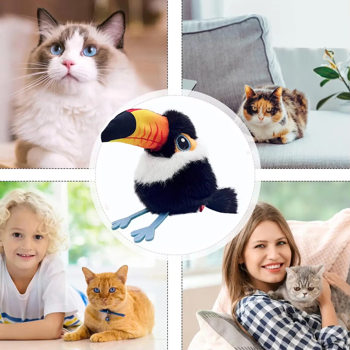 USB Rechargeable Interactive Flapping and Chirping Bird Cat Toy with Touch and Claw Activation, Soft Plush Material for Indoor Kitten Play