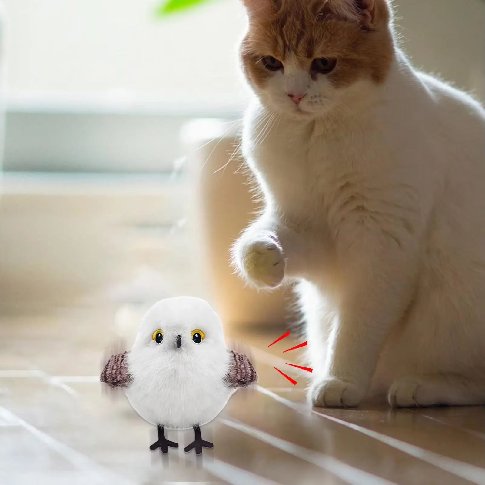 USB Rechargeable Interactive Flapping and Chirping Bird Cat Toy with Touch and Claw Activation, Soft Plush Material for Indoor Kitten Play